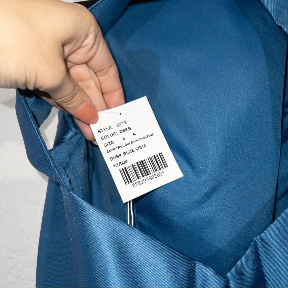 NWT Alfred Sung Dusk Blue High Neck Cut Out Satin Dress Size 6 - Picture 7 of 8